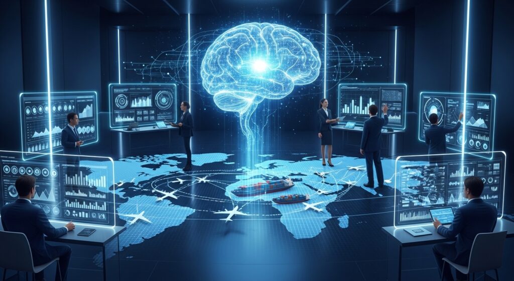 AI reshaping international business futuristic global commerce visualization