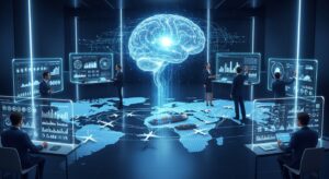 AI reshaping international business futuristic global commerce visualization