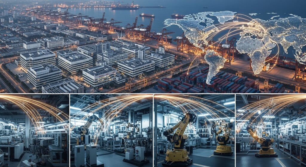 Role of China in global manufacturing factories and export logistics visualization