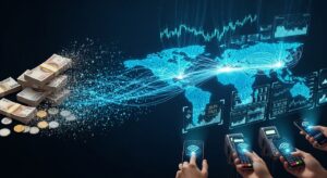 Future of global currency cash transforming into digital payments visualization