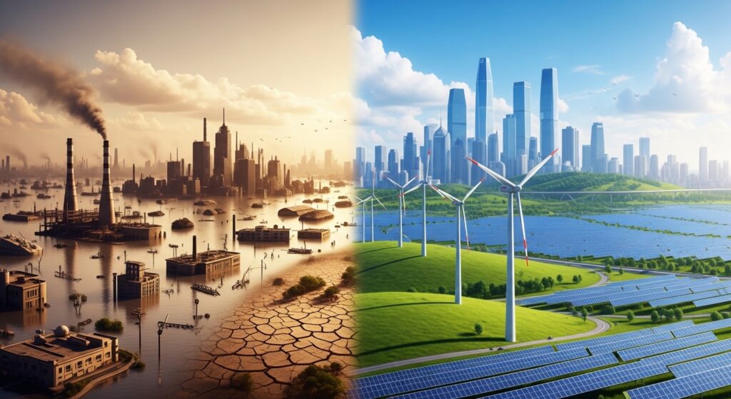 Climate change impact on global economies renewable energy and disaster contrast